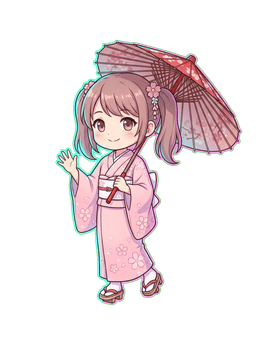 Anime girl with Japanese paper umbrella waving above the trust card
