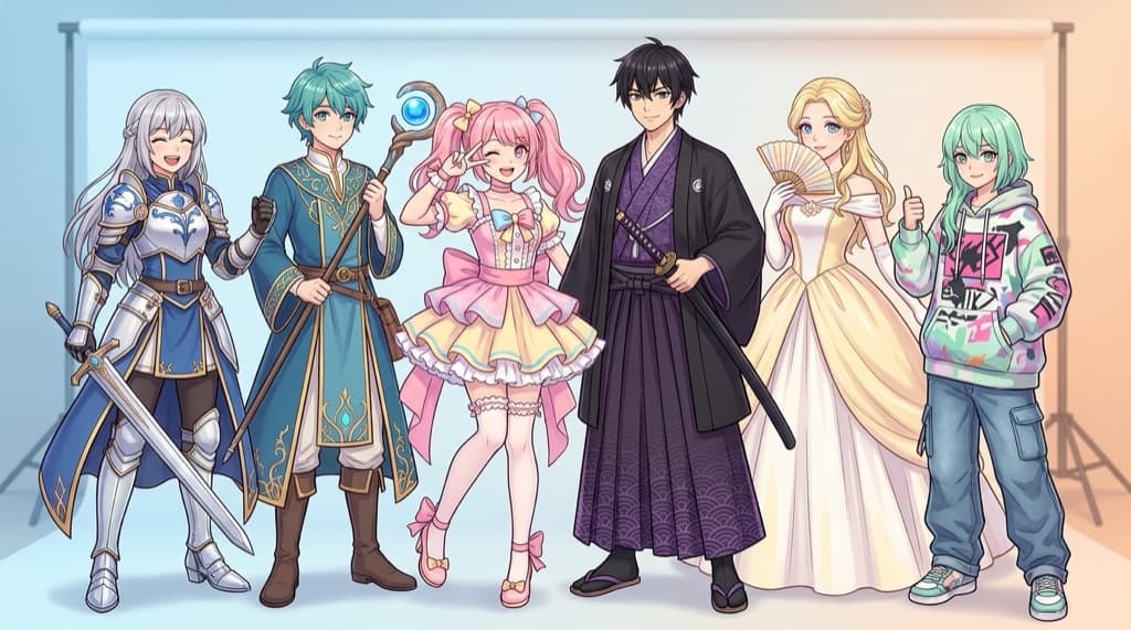 Group of six diverse original anime OCs posing together