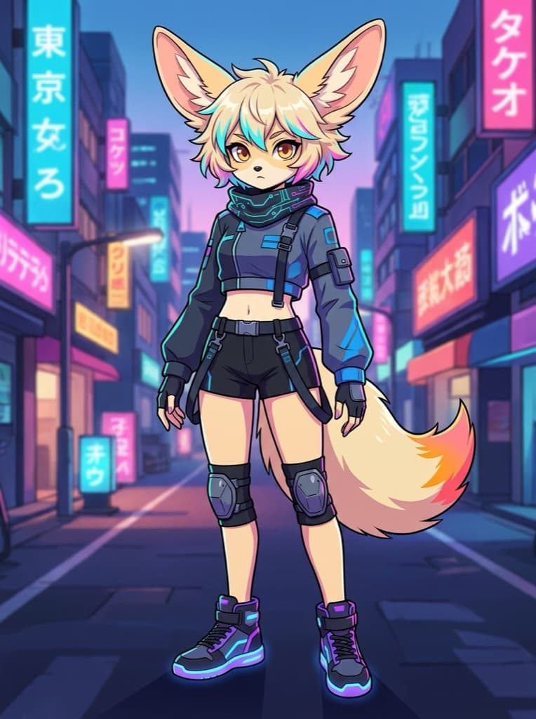 Original anthropomorphic fennec-fox OC in neon techwear
