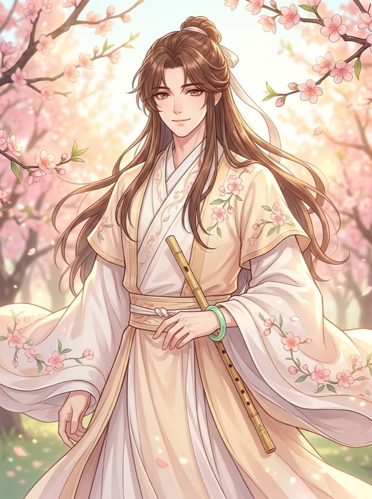 Original gentle bishounen guofeng character in a peach-blossom hanfu robe holding a flute