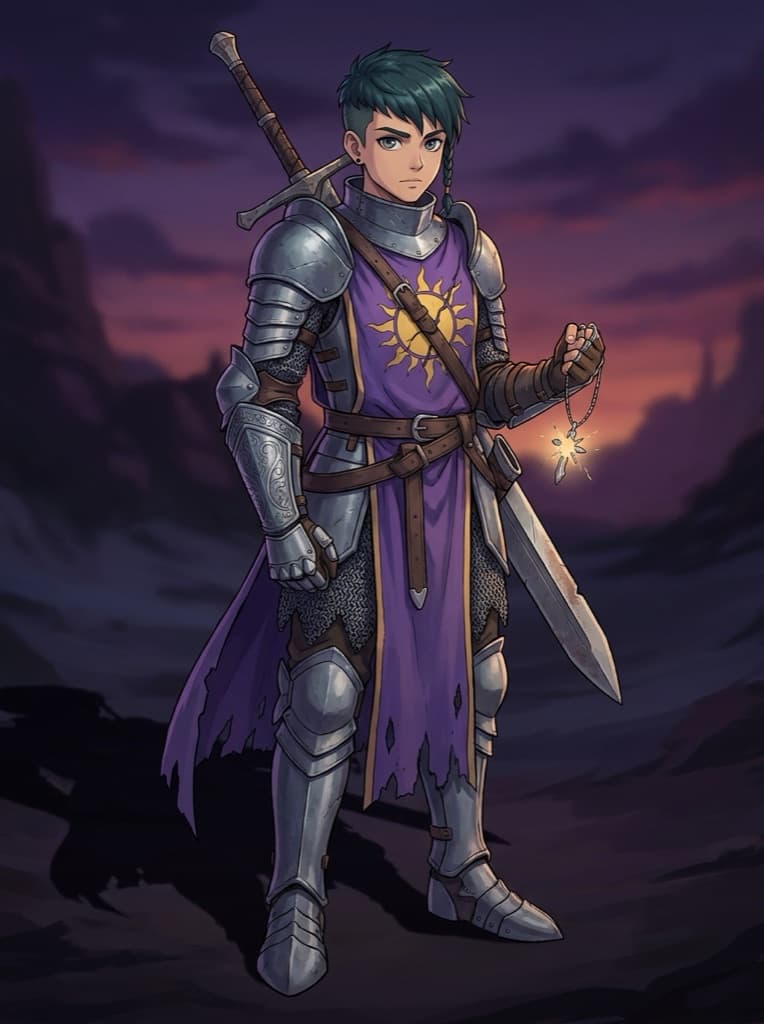 Full-body original dusk paladin OC in heavy plate armor with a greatsword