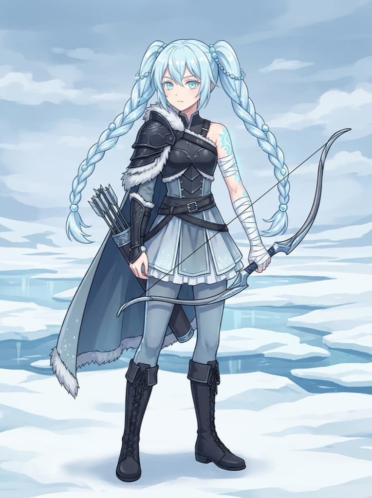 Full-body original frost ranger OC with twin braids and a recurve bow