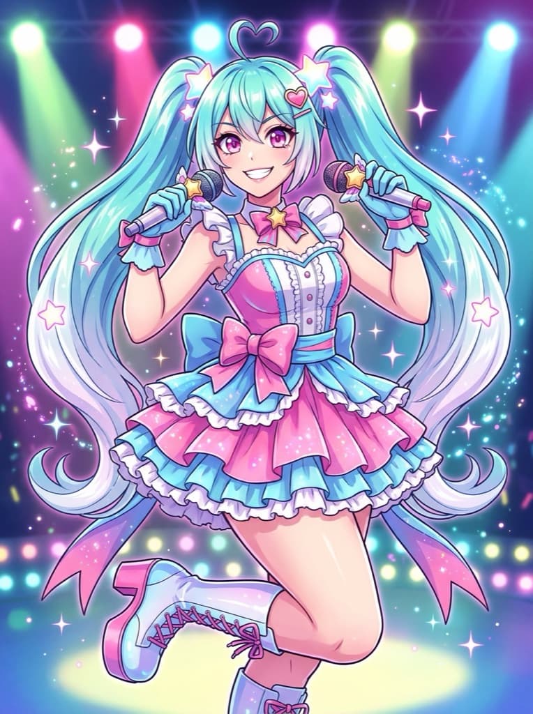 Original stage idol OC with aqua twin tails and a microphone
