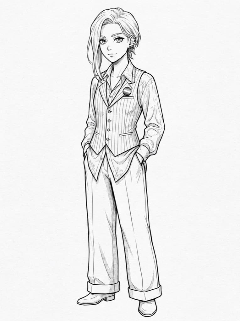 Original androgynous character in black-and-white manga line art with a pride pin