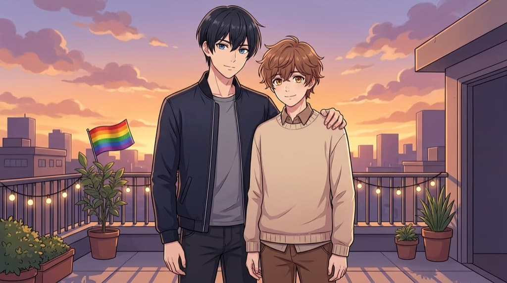 Two original bishounen boys as a wholesome couple on a sunset rooftop with a rainbow pride flag