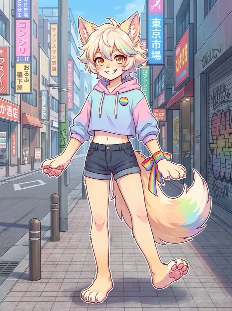 Original androgynous anthropomorphic fox character with a rainbow-tipped tail and a pride flag