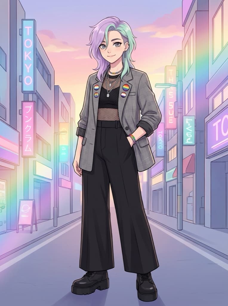 Original androgynous non-binary anime character in gender-fluid streetwear with pride pins