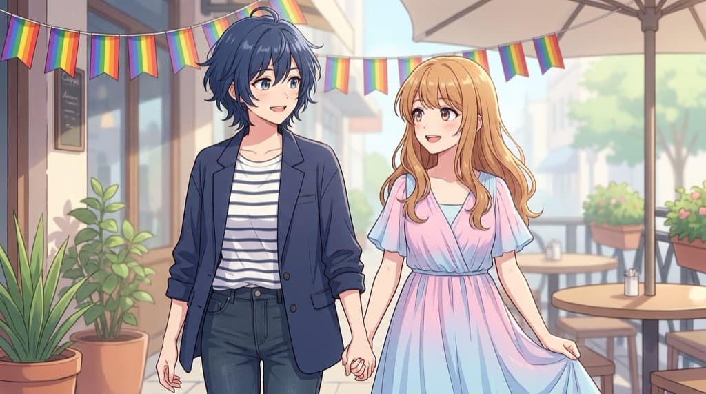 Two original anime girls as a wholesome couple holding hands at a cafe with a rainbow pride garland