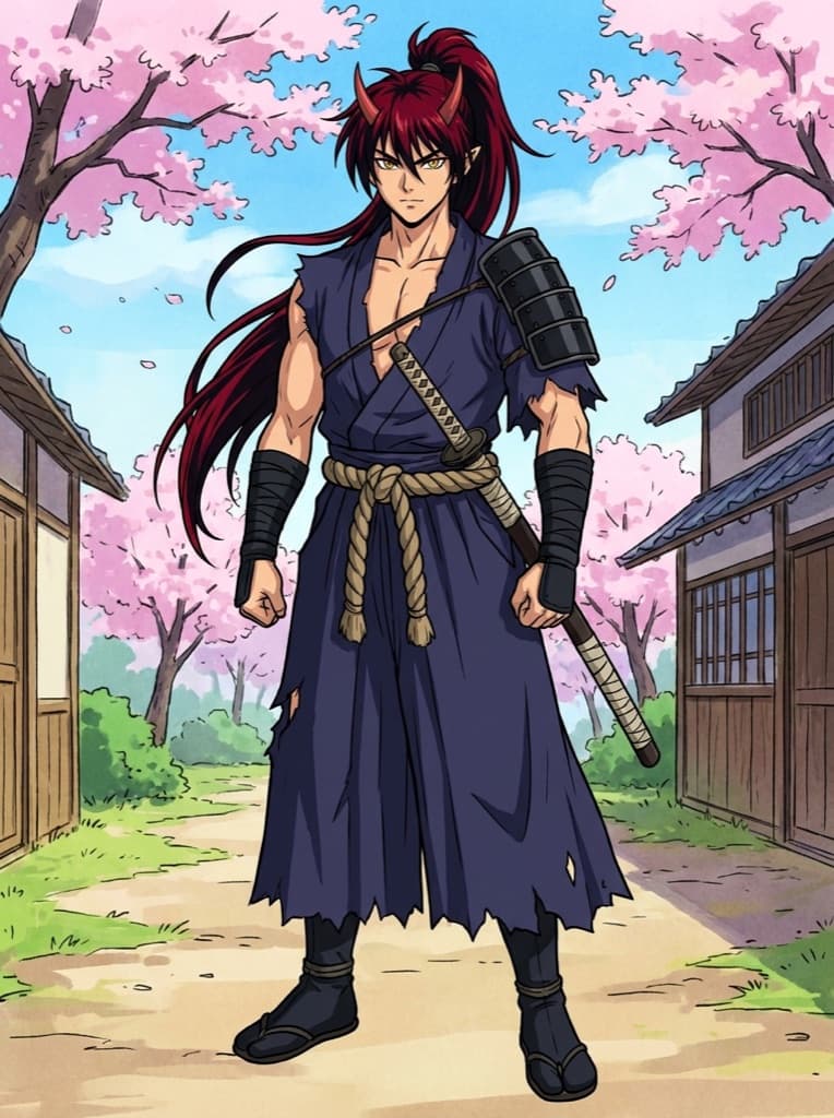 Full-body original oni swordsman OC with red horns and a torn kimono