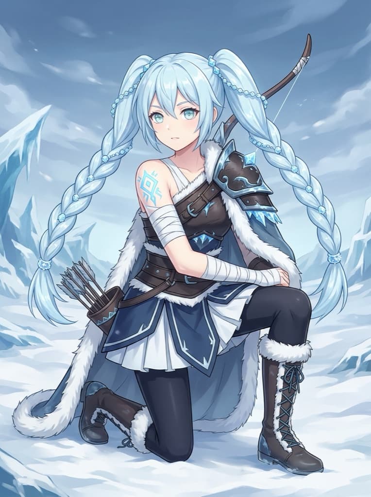 Same frost ranger OC kneeling, full body