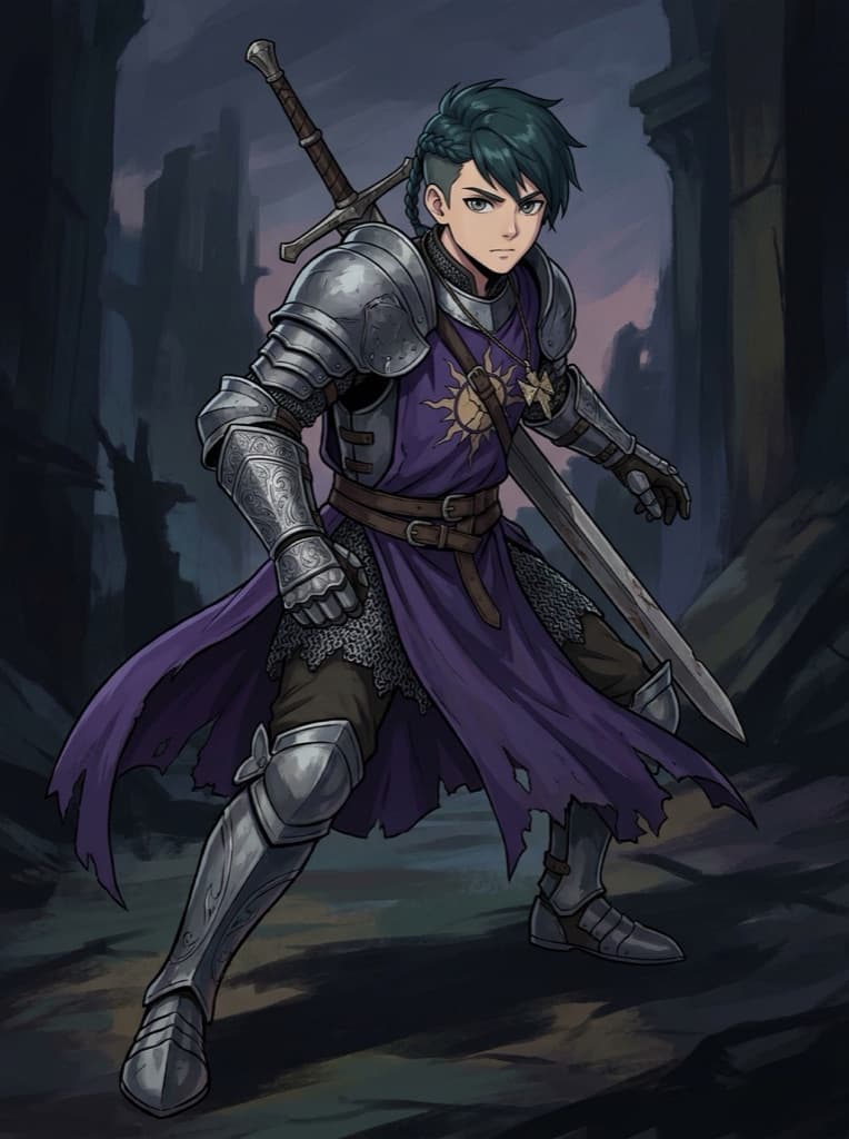 Same paladin OC in a dynamic action pose, full body