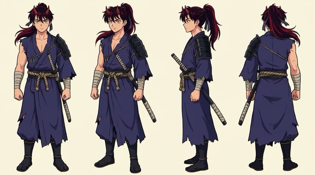 Four-view turnaround sheet of one original oni swordsman OC, horns consistent across views