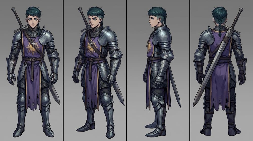 Four-view turnaround sheet of one original paladin OC in plate armor