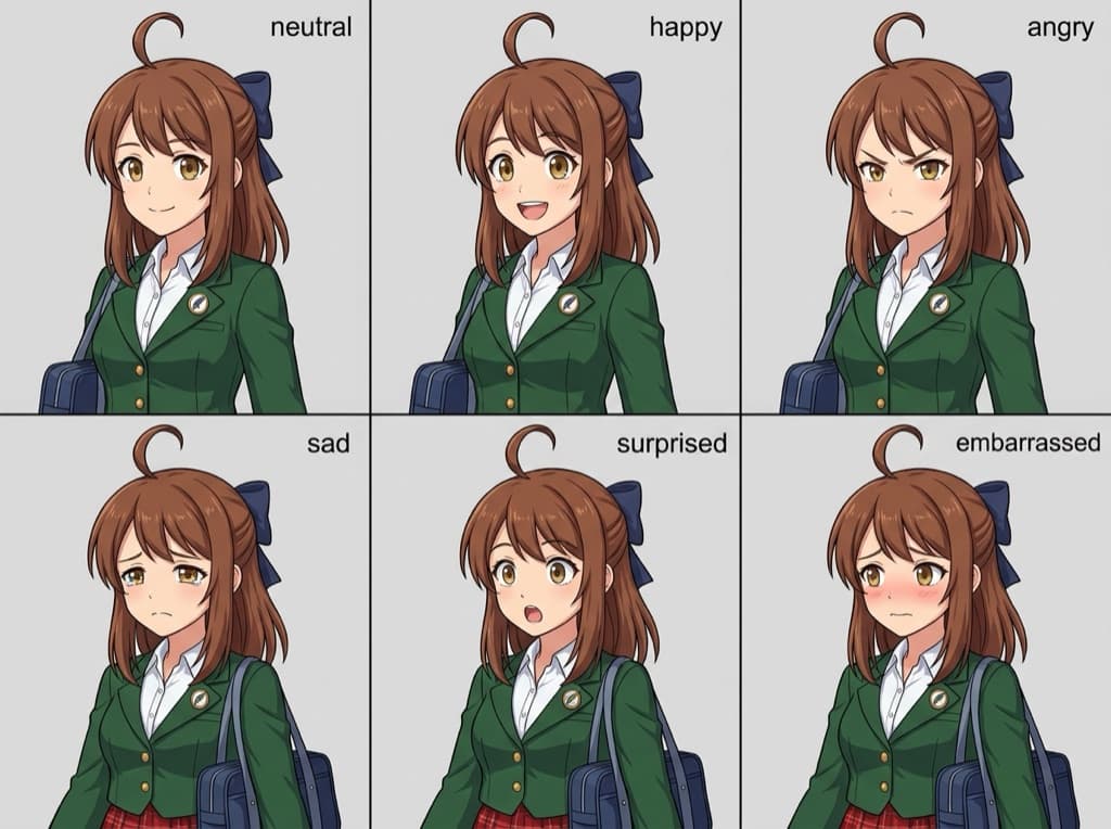 Expression sheet of one original school OC with six emotions