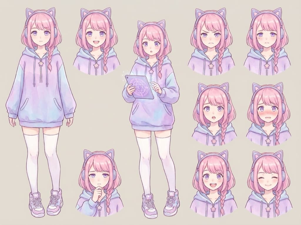 Expression sheet of one original witch streamer OC with nine emotions