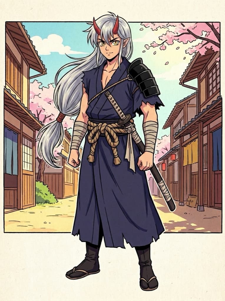 Same oni swordsman OC kept consistent while the hair color changes to silver