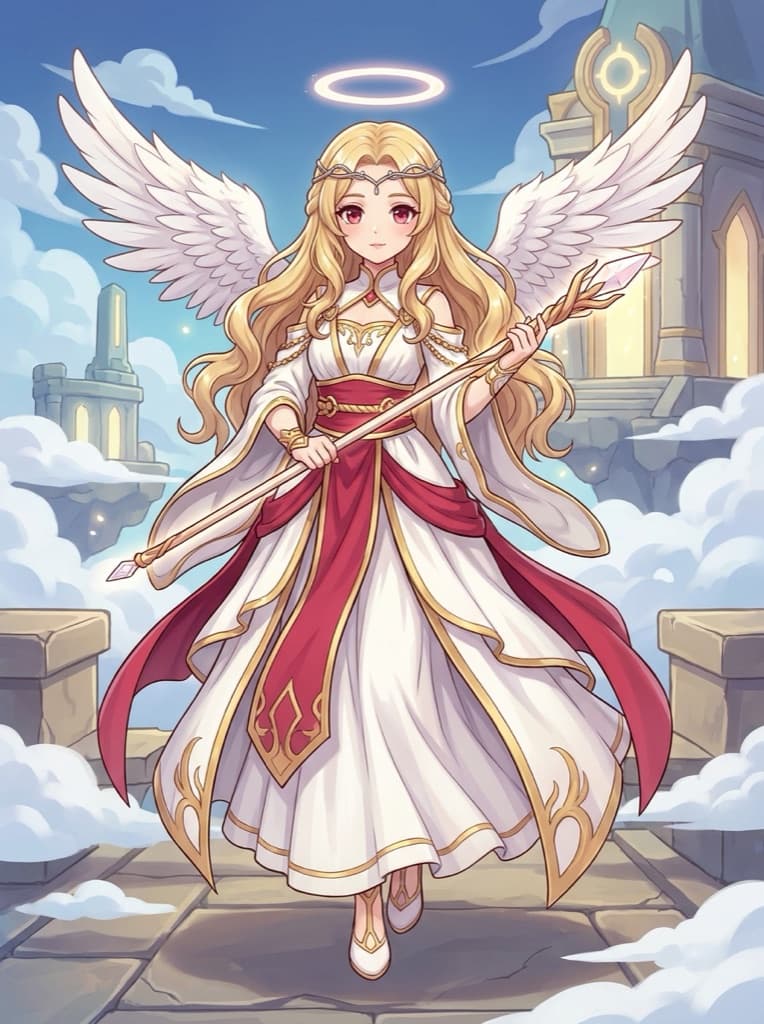 Full-body original winged warden OC with feathered wings and a halo