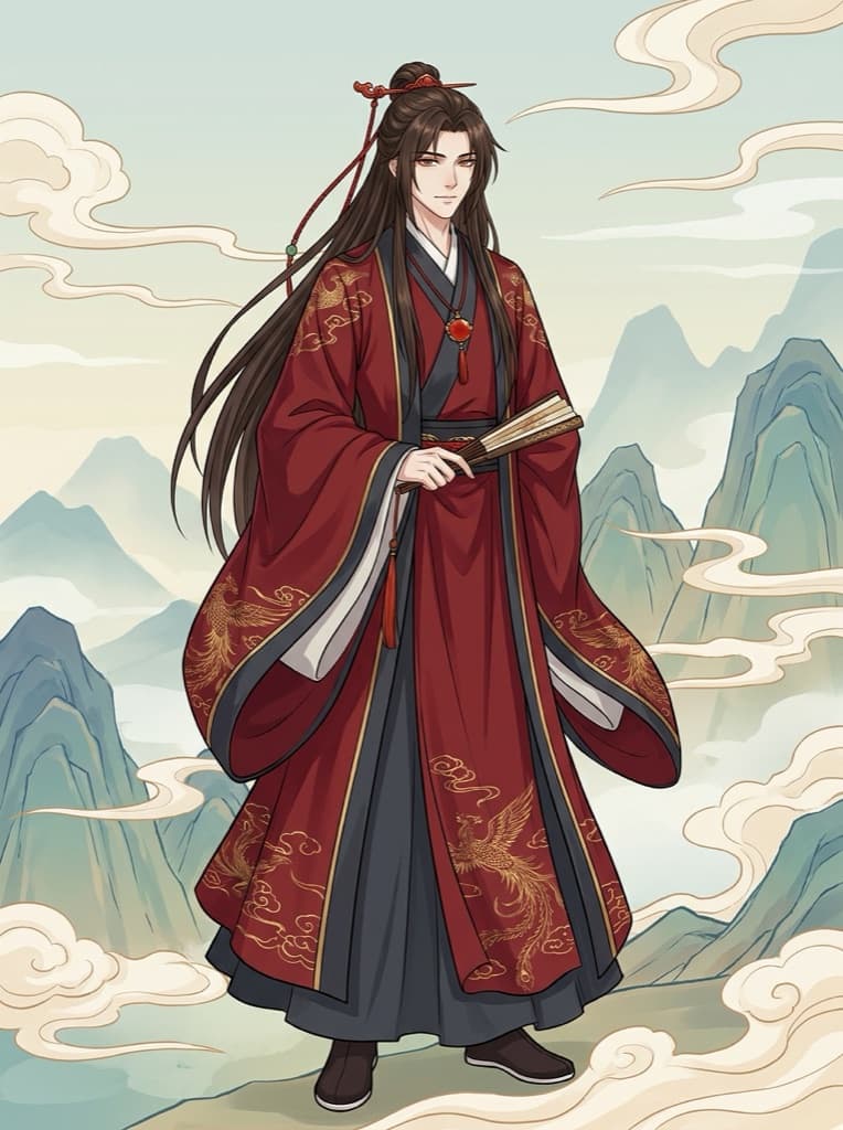 Full-body original guofeng cultivator OC in a crimson hanfu robe