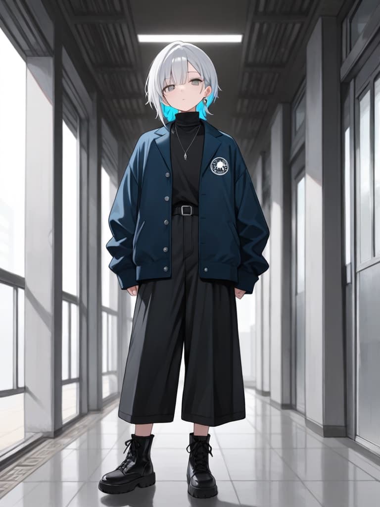 Original androgynous OC with two-tone silver hair in an oversized streetwear blazer