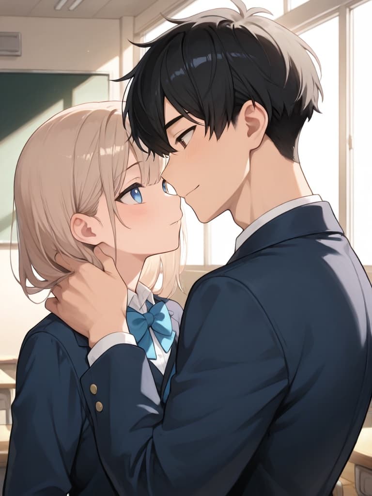 Two original bishounen OCs in school uniforms sharing a tender moment