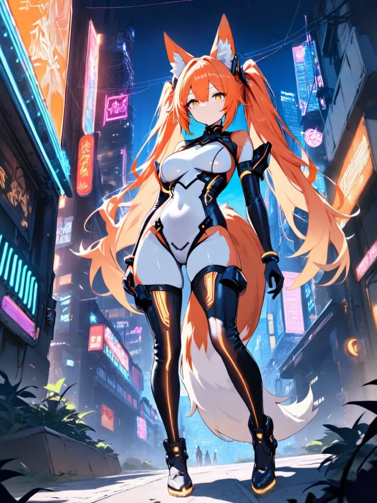 Original cyber fox-girl OC with glowing circuit lines on a neon city street