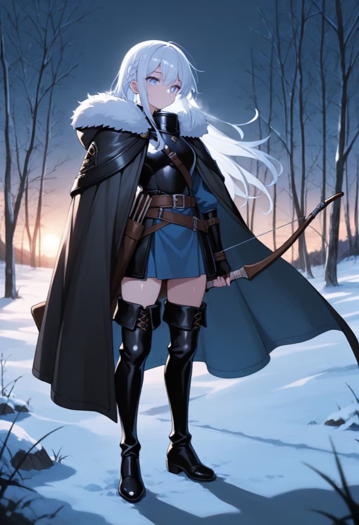 Original frost ranger OC with white hair, a fur-lined cloak and a recurve bow in a snowy forest