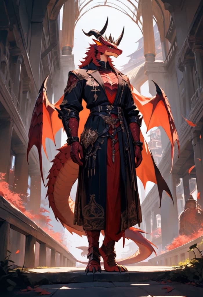 Original painterly dragon-kin furry OC with red scales and ornate armor