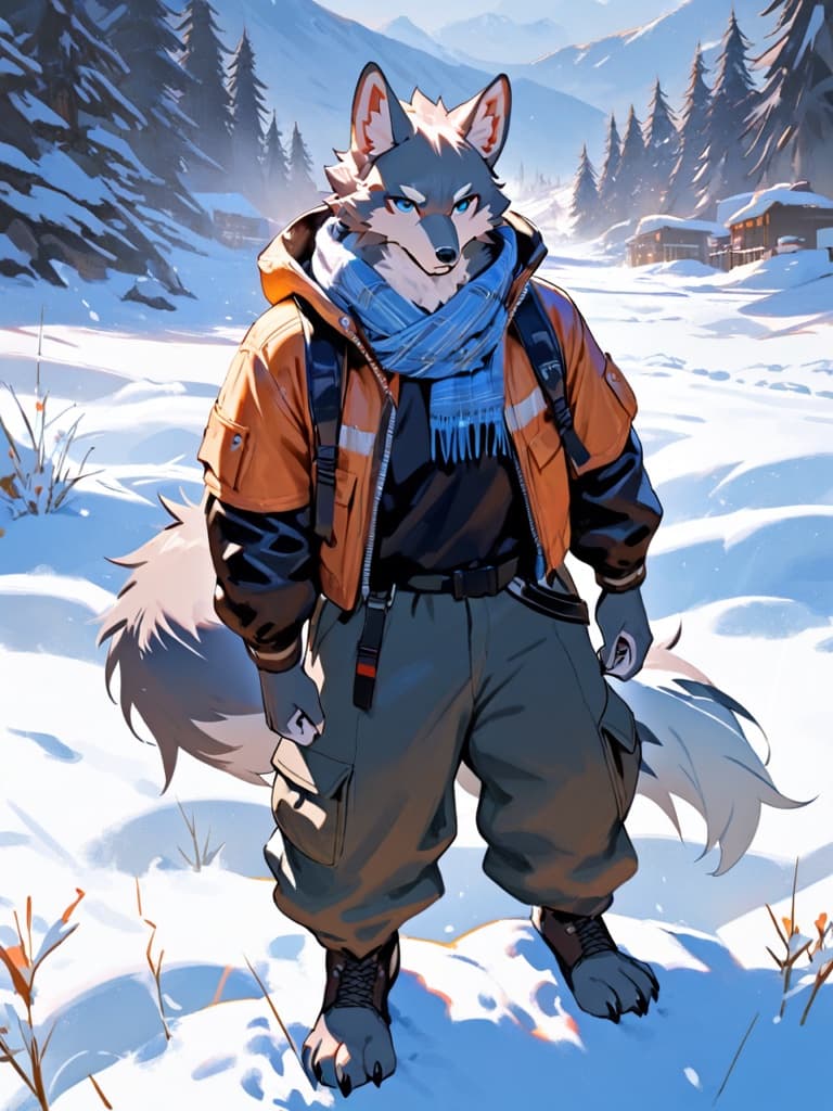 Original painterly wolf-kin furry OC with grey fur in a winter scene