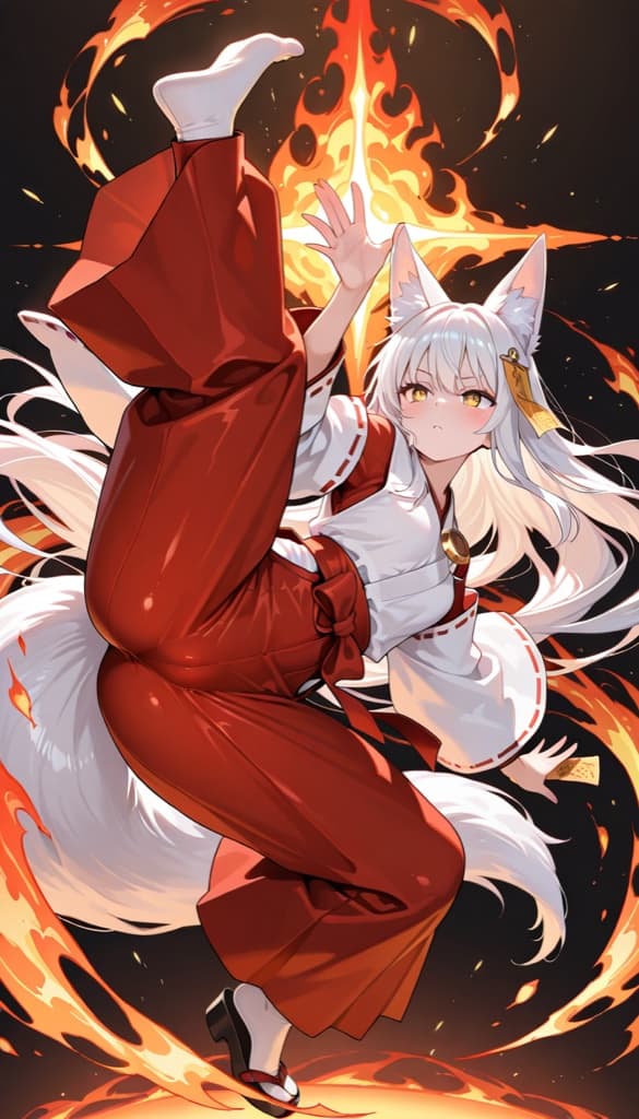 Original gacha splash-art fox-priestess OC in a red hakama with spirit flames