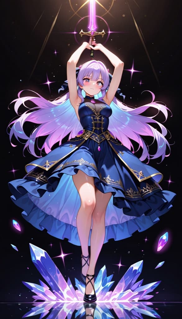 Original gacha splash-art duelist OC with gradient hair, floating crystals and a glowing sword