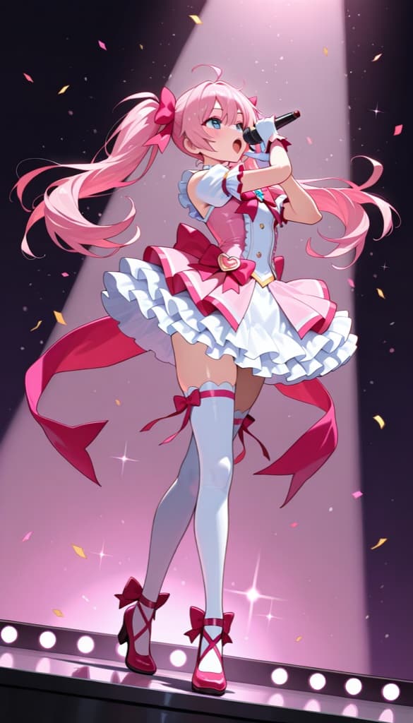 Original stage idol OC with pink twin tails, a frilled costume and a microphone