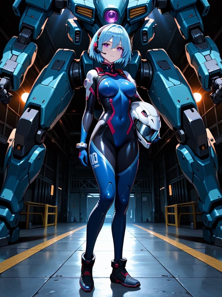 Original mecha pilot OC in a bodysuit holding a helmet in a hangar