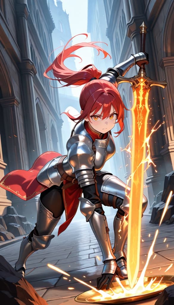Original armored knight OC in a dynamic mid-swing action pose with a glowing greatsword