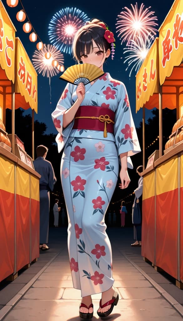 Original OC in a floral yukata at a summer fireworks festival