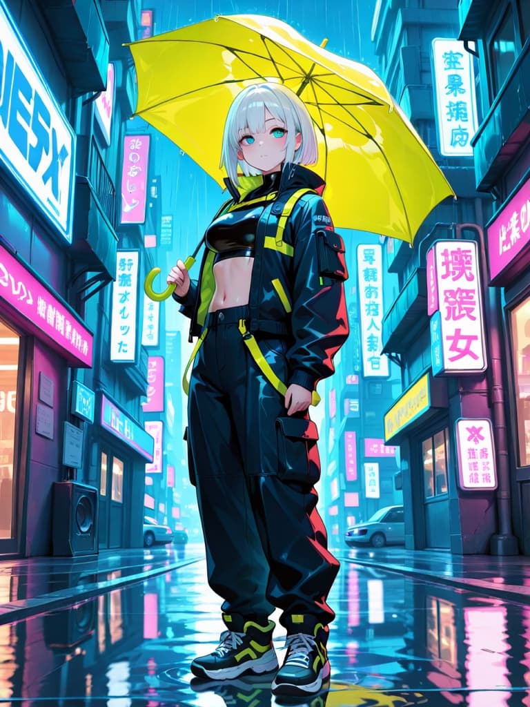Original techwear OC with an umbrella on a rainy neon cyberpunk street