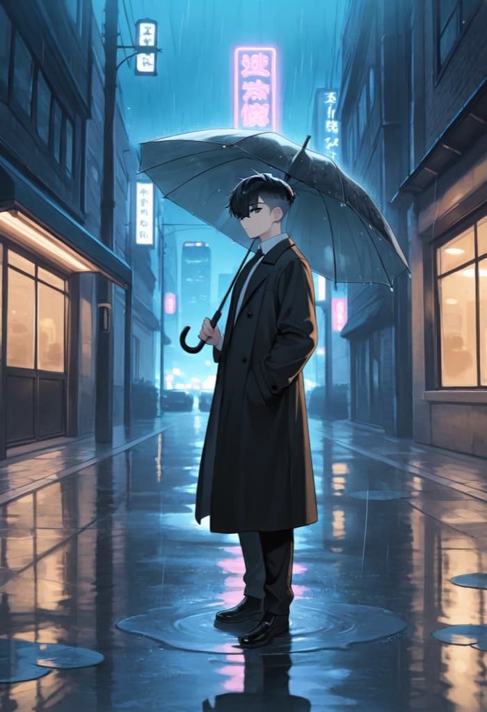 Original noir OC in a long coat with an umbrella on a rainy neon street at night