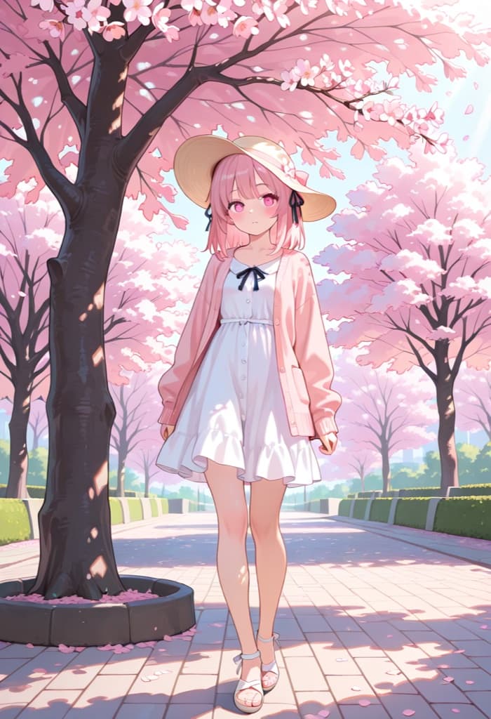 Original spring OC in a sun hat among falling cherry blossoms