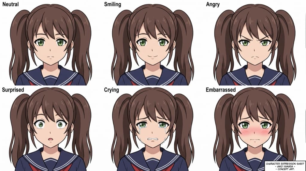 Expression reference sheet of one original twin-tailed OC with six emotions