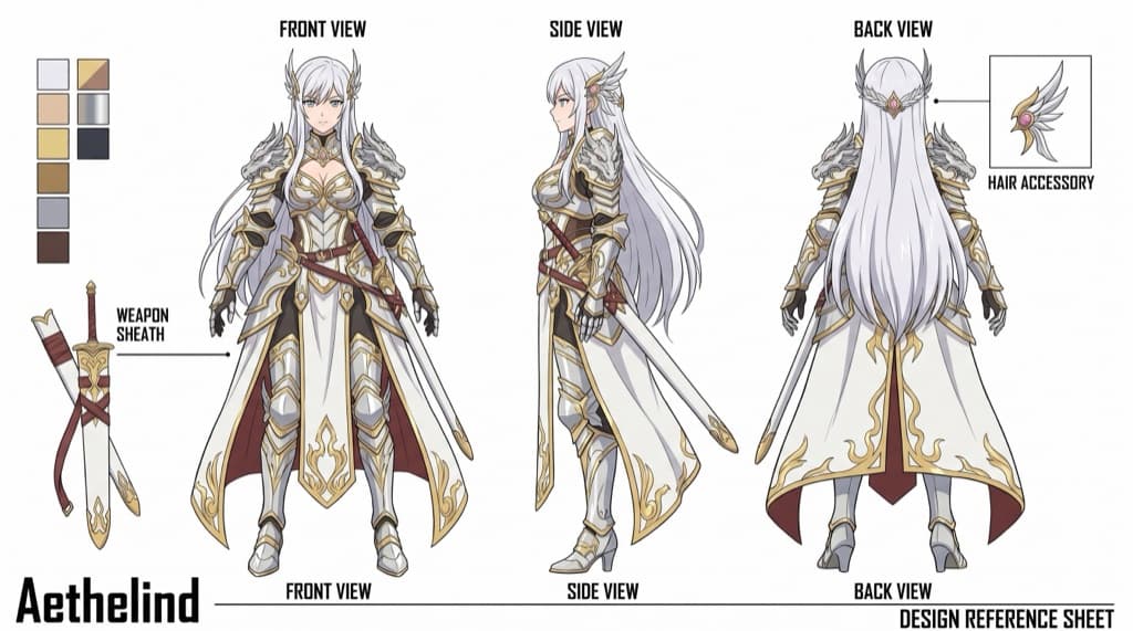 Front, side and back turnaround sheet of one original white-haired armored OC