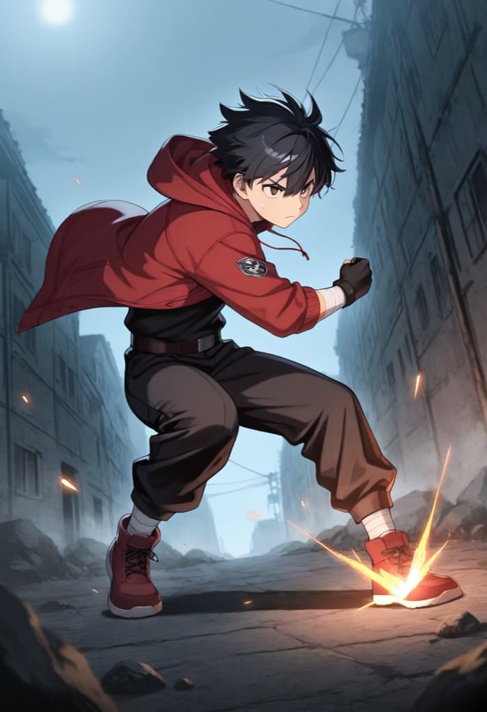 Original shounen battle hero OC with spiky black hair and a glowing energy aura