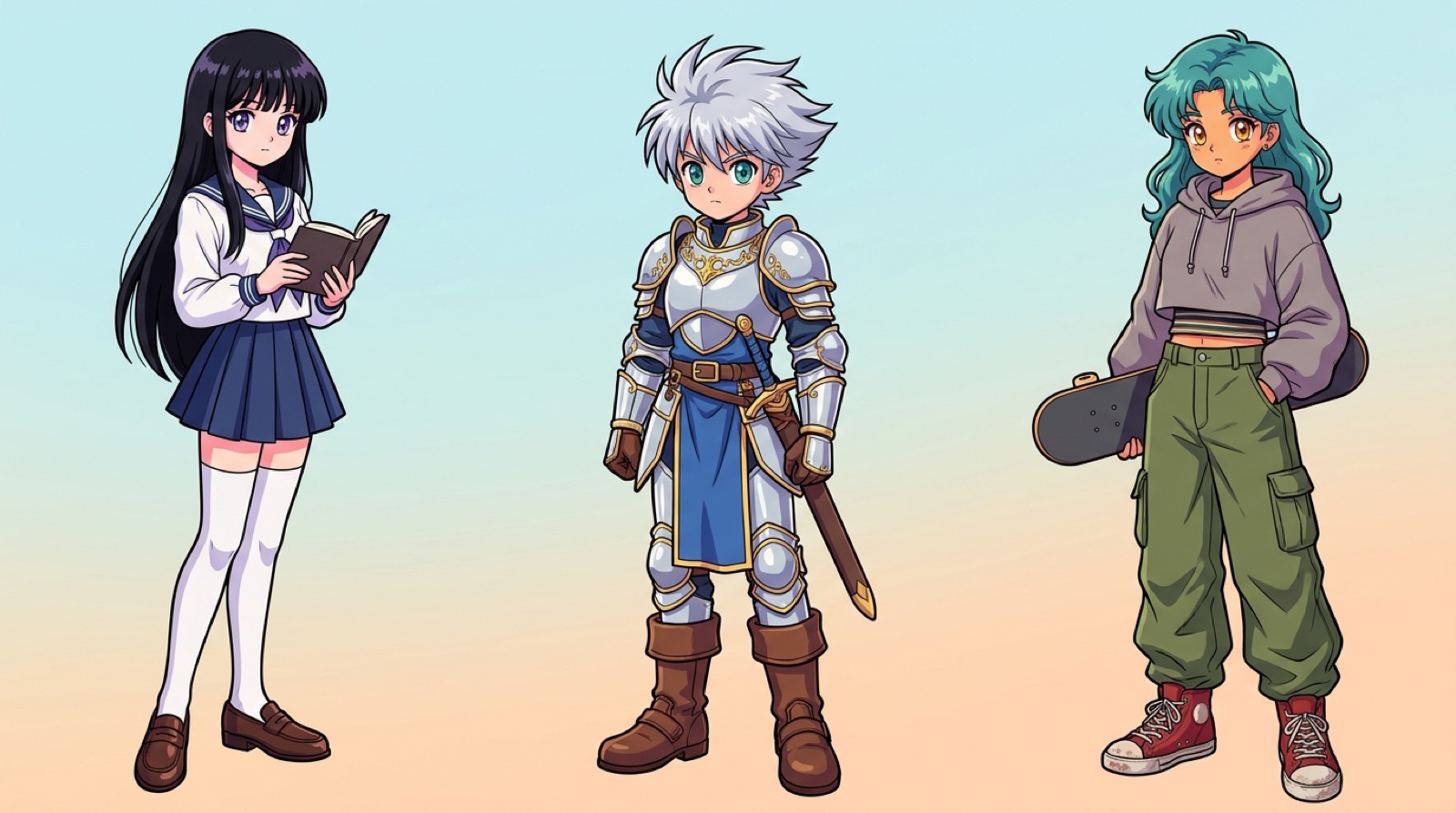 Three full-body anime OC variations: school uniform, fantasy armor, and streetwear