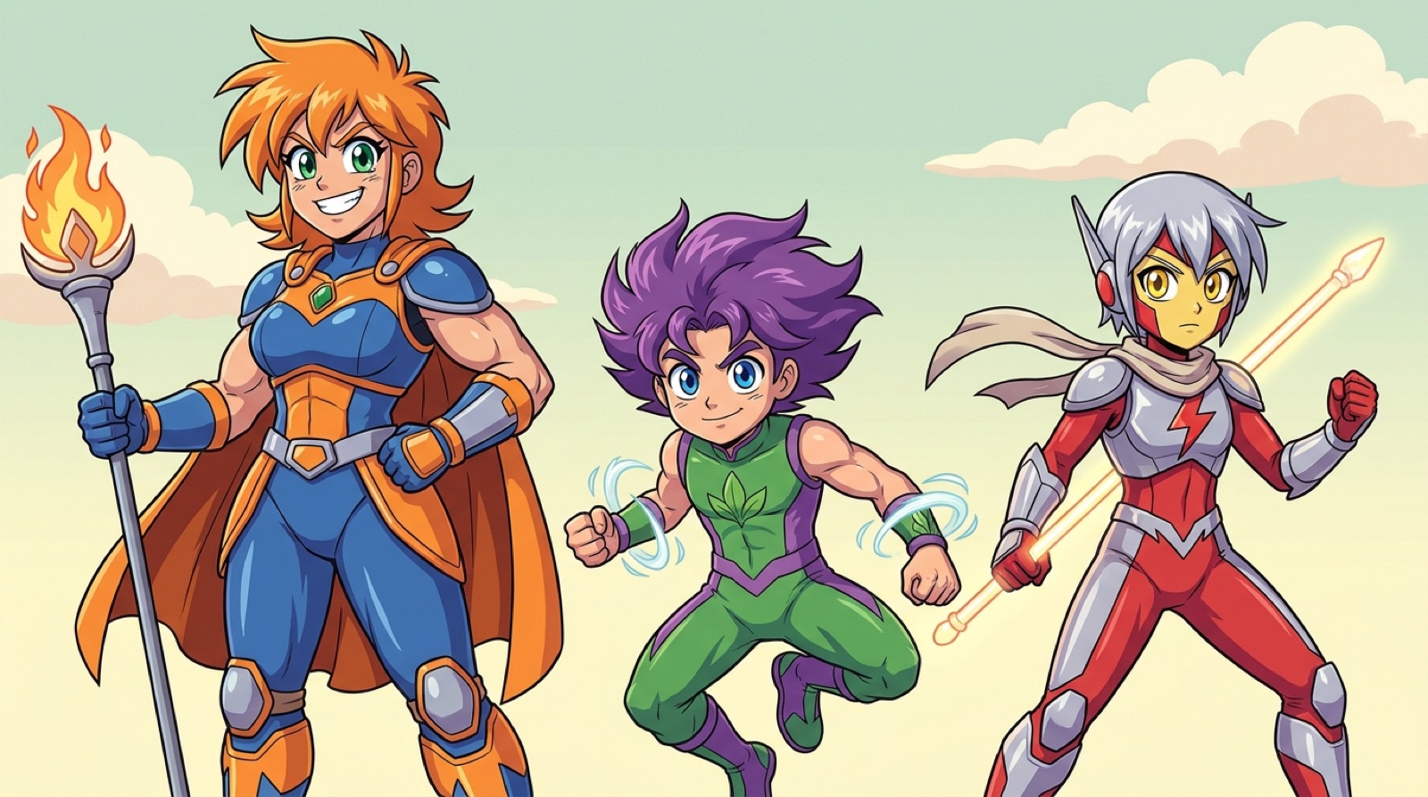 Three original hero-costume designs for anime OCs