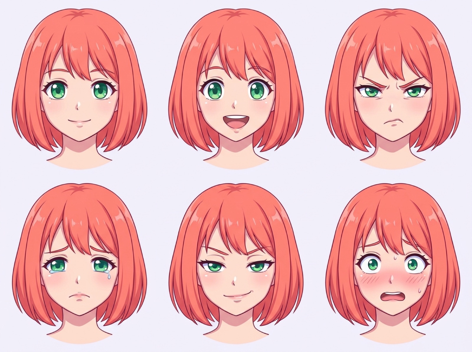 Expression sheet for an anime original character with six face variations