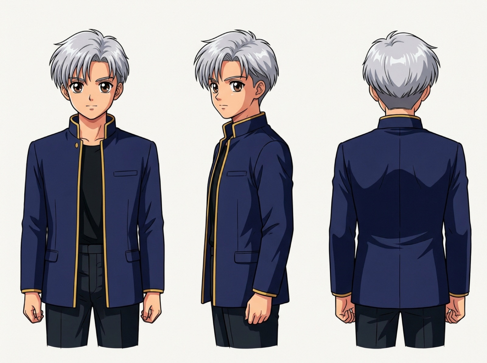 Anime OC turnaround reference sheet showing front, three-quarter and back views
